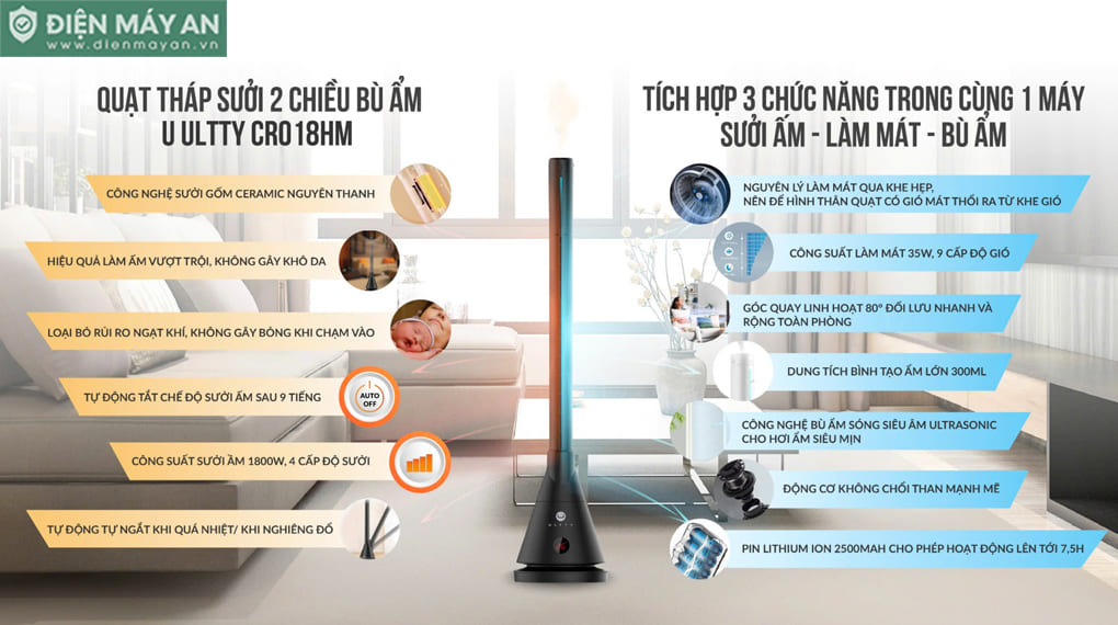 Quạt Tháp Sưởi 2 Chiều Bù Ẩm U ULTTY CR018HM 